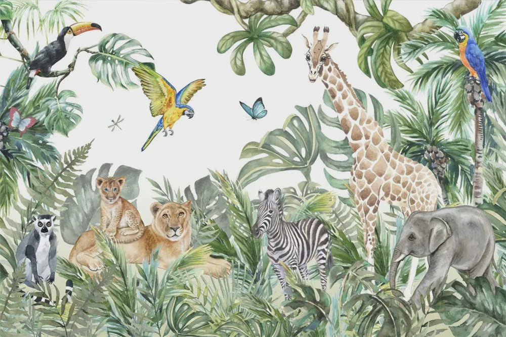 Milofi 3D Muurschildering Behang: Scandinavisch Bos met Jungle Dieren voor Kinderkamer