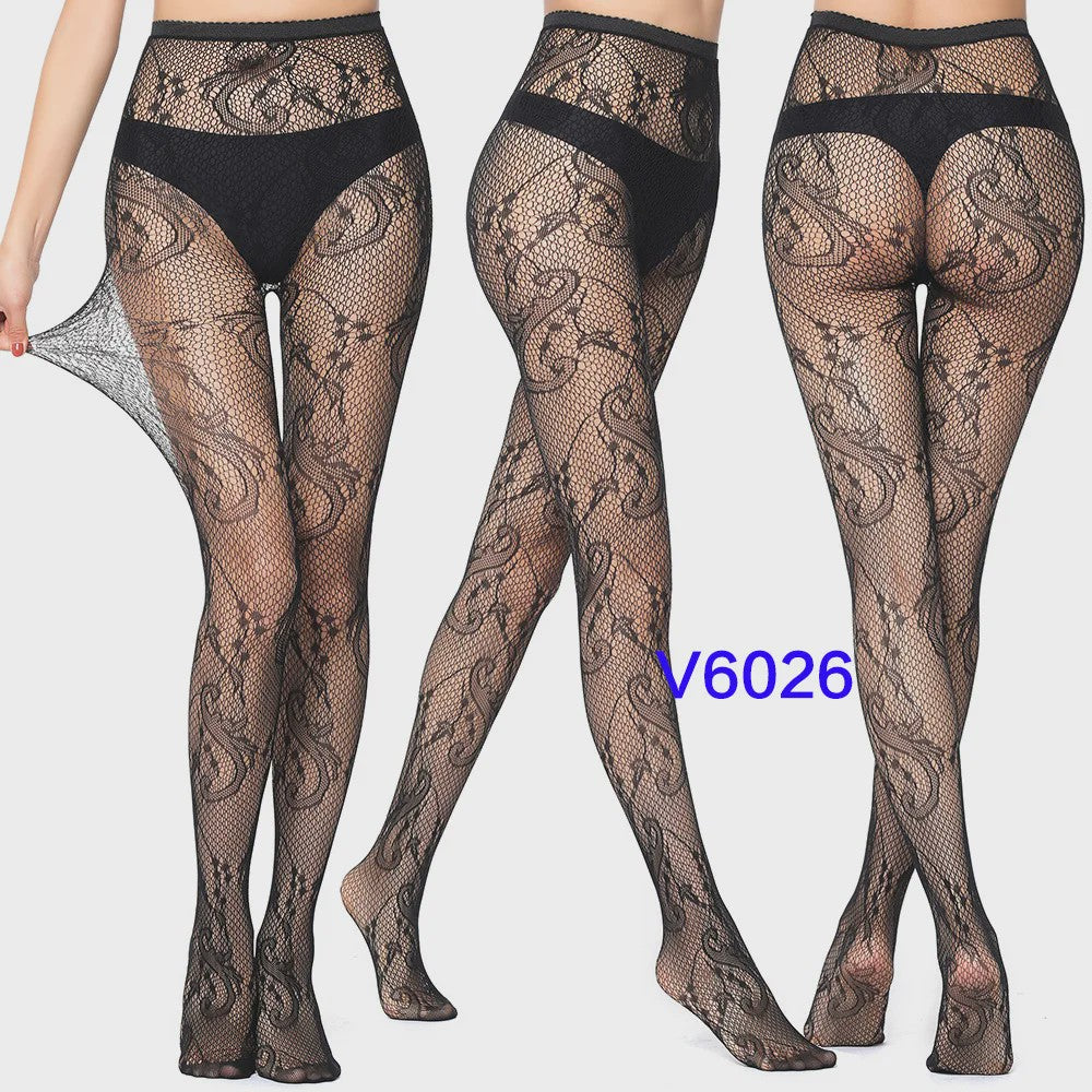 Dames Visnet Panty's met Jacquard Weefsel - Gothic Kant & Spider Net Stijl