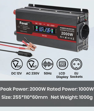 Krachtige 1500W-3000W Auto Omvormer (DC12V/24V naar AC230V) met LCD, USB & EU-stopcontact