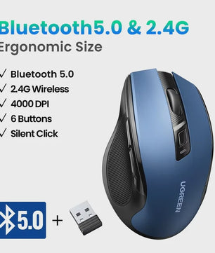 UGREEN Ergonomische Draadloze Muis: Bluetooth 5.0 & 2.4G, 4000 DPI, Stille Knoppen