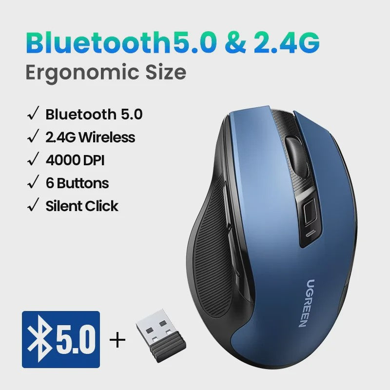 UGREEN Ergonomische Draadloze Muis: Bluetooth 5.0 & 2.4G, 4000 DPI, Stille Knoppen