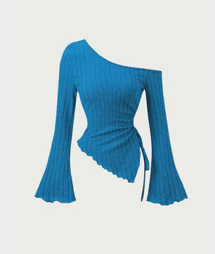 Dames Off-Shoulder T-shirt met Trompetmouwen en Asymmetrische Pasvorm