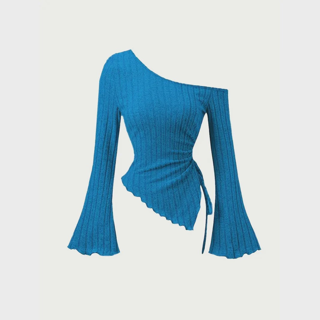 Dames Off-Shoulder T-shirt met Trompetmouwen en Asymmetrische Pasvorm