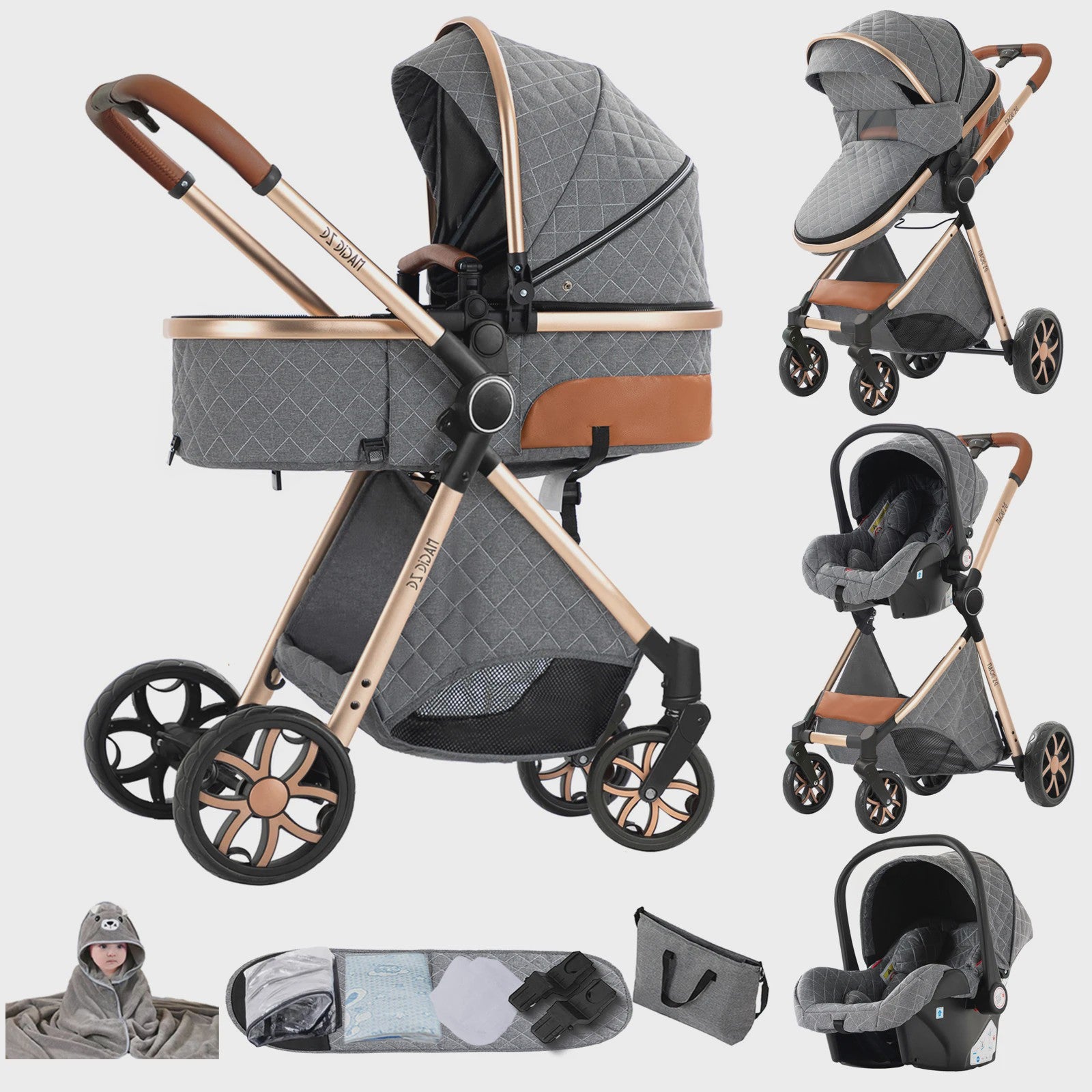 Magic ZC Premium 3-in-1 Baby Reiswieg & Kinderwagen Set - Luxe Beige, Compact, Inclusief Autostoel & Draagmand, Geschikt Vanaf Geboorte