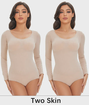 POKARLA Spandex Elastic Body Suit Shapewear Women Body Shaper Tummy Control Long Sleeve Open Crotch Round Neck Seamless Shapers