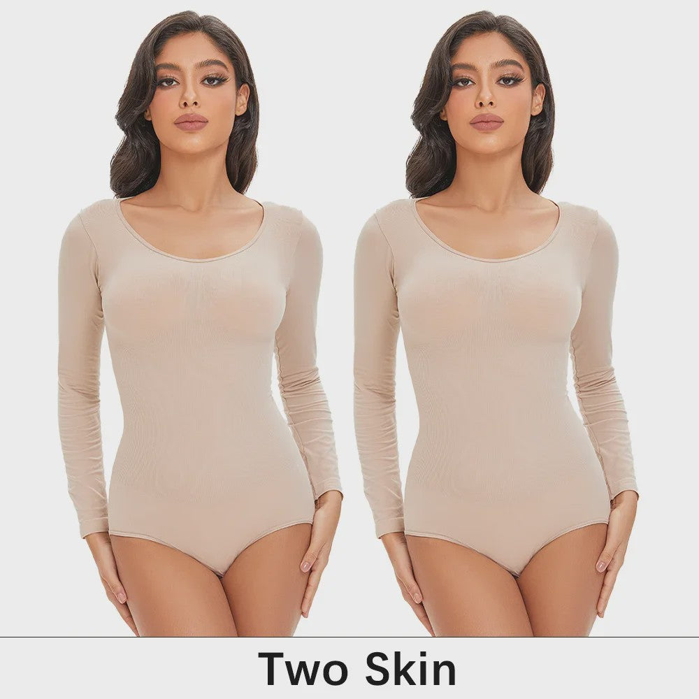 POKARLA Spandex Elastic Body Suit Shapewear Women Body Shaper Tummy Control Long Sleeve Open Crotch Round Neck Seamless Shapers