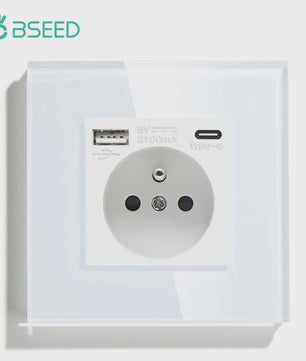 BSEED Wandcontactdoos met Dubbele USB & Type-C Poorten - Stijlvol Glazen Frame