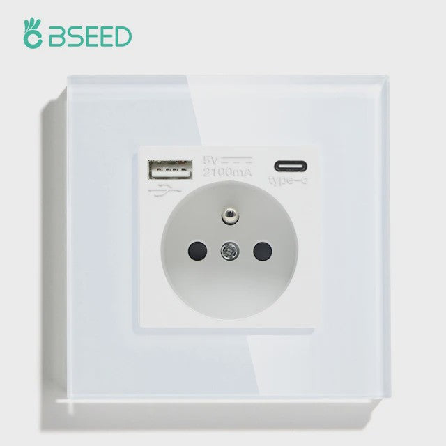 BSEED Wandcontactdoos met Dubbele USB & Type-C Poorten - Stijlvol Glazen Frame