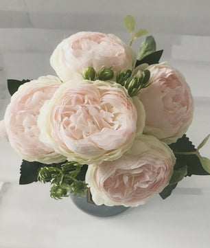 Roze Zijden Pioen Kunstboeket 30cm - 5 Grote Bloemen & 4 Knopen voor Decoratie