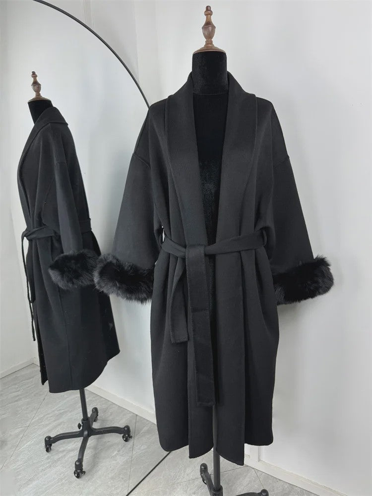 Luxe Dames Woljas met Bontkraag en Riem - Kort & Elegant