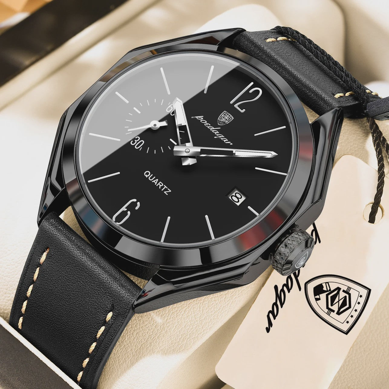 POEDAGAR Herenhorloge Leer - Zakelijk & Casual Kwarts Horloge met Datum & Waterdicht