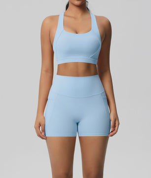 Dames Yoga Set: Sportieve Kleding met Hoge Taille Shorts en Sportbeha met Zakken