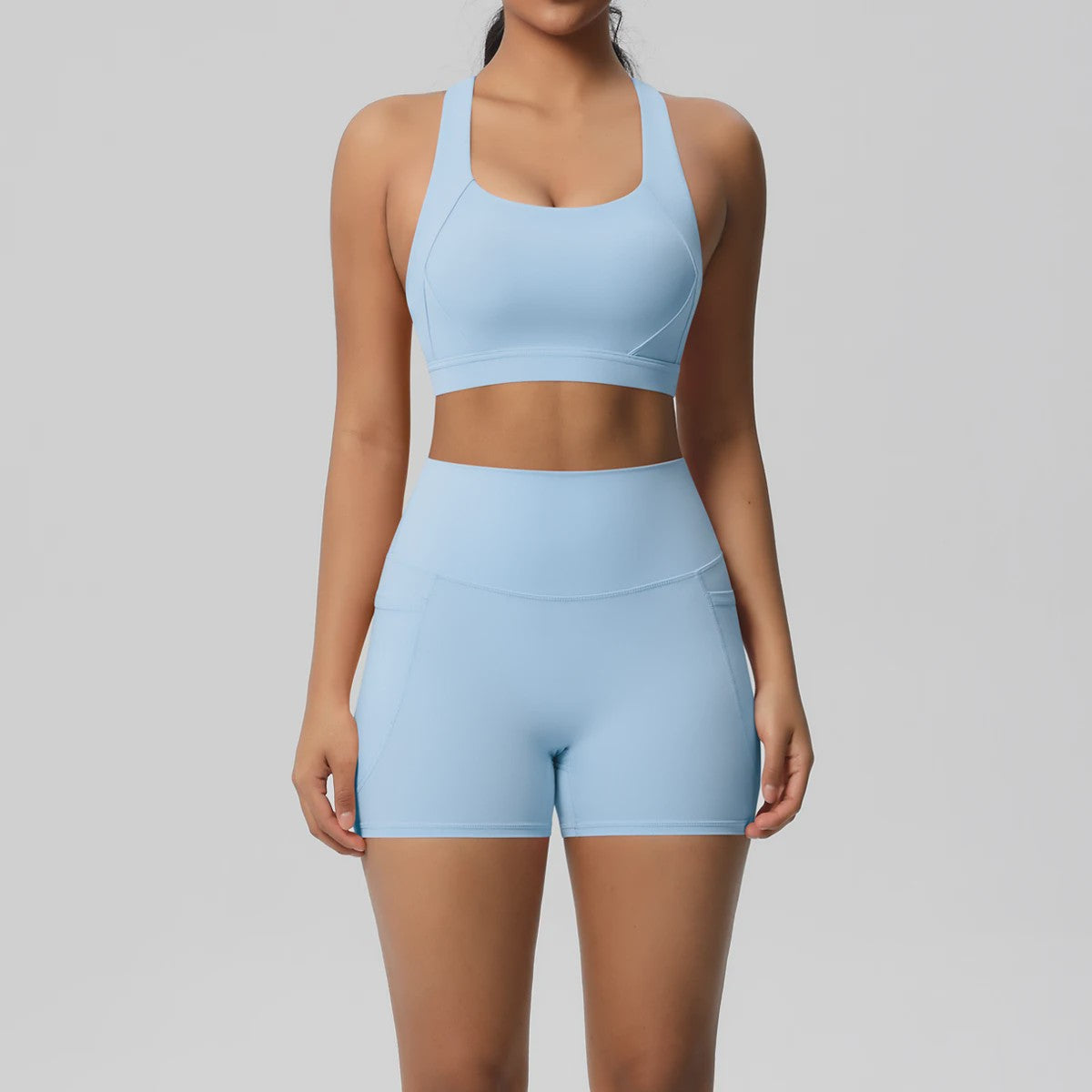 Dames Yoga Set: Sportieve Kleding met Hoge Taille Shorts en Sportbeha met Zakken
