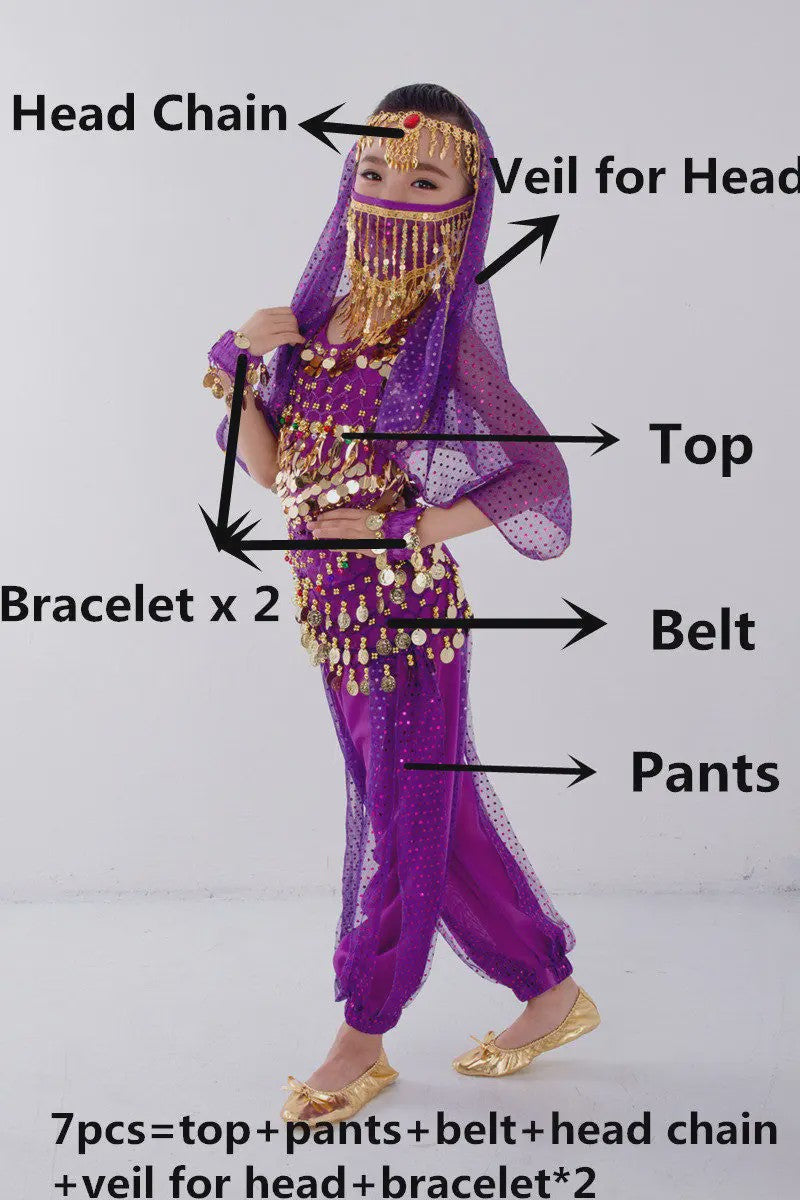 Kind Buikdans Kostuum Set: Broek, Sluier & Accessoires (2-8 Delig)