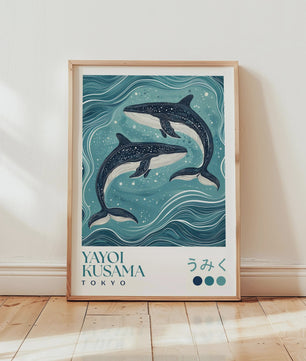 Japanse Kunst Poster: Yayoi Kusama Stijl Vliegende Kraanvogels & Koi Vissen