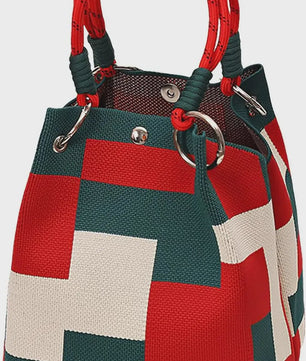 Mini Gebreide Bucket Bag Dames - Kleurrijk Colorblock Polstasje met Afneembare Handgreep