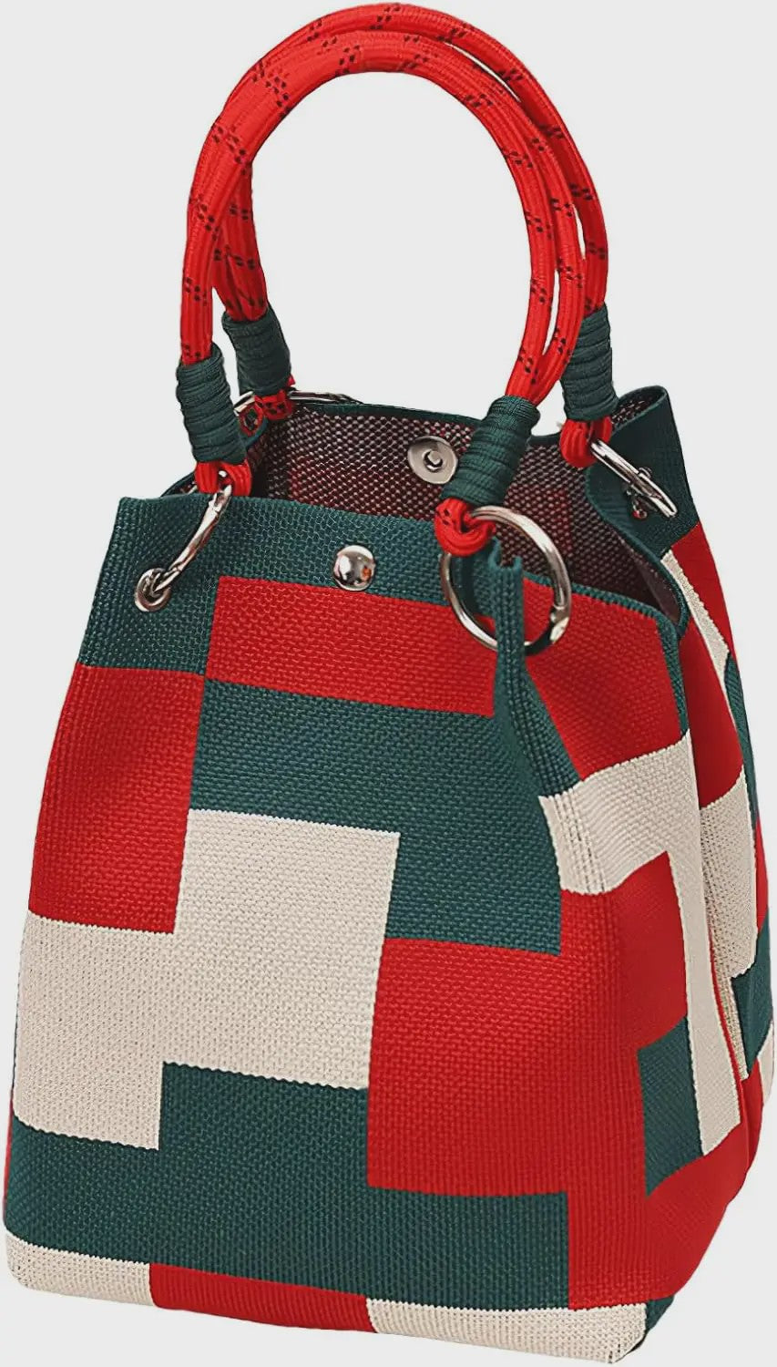 Mini Gebreide Bucket Bag Dames - Kleurrijk Colorblock Polstasje met Afneembare Handgreep