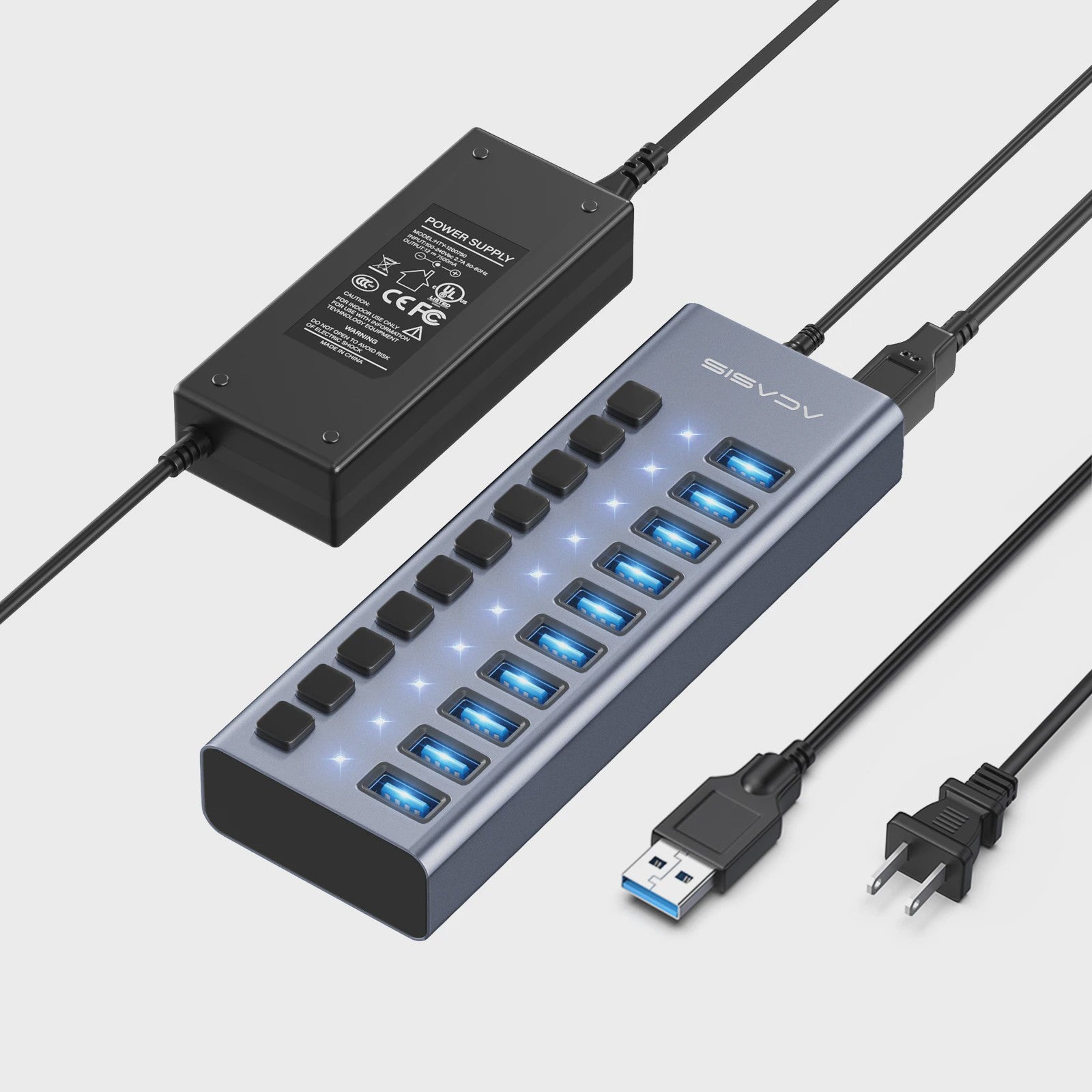 Acasis 16-Poorts USB Hub 10Gbps met Individuele Schakelaars & Snelle Data Transfer