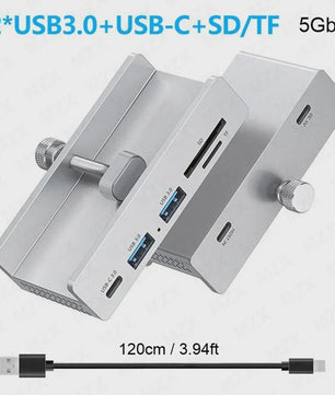 Aluminium USB 3.0/3.2 Hub met Clip: 5Gbps/10Gbps Docking Station voor Monitor & Bureau