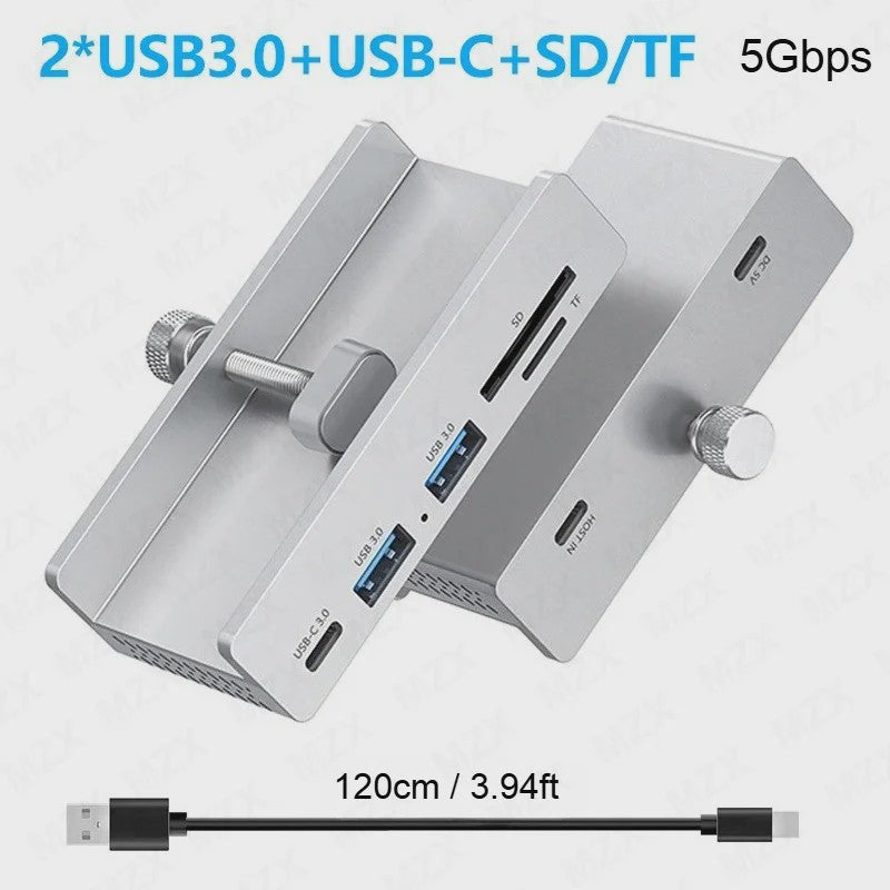 Aluminium USB 3.0/3.2 Hub met Clip: 5Gbps/10Gbps Docking Station voor Monitor & Bureau