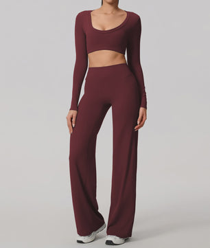 Dames Sportset: Sneldrogende Yoga Top met U-hals en Bell-Bottoms