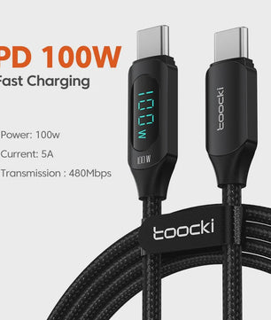 Toocki USB-C naar USB-C Kabel 100W PD Fast Charging met Digitaal Display