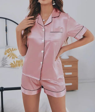 Dames Satijnen Pyjama Set - Korte Mouw & Shorts met Knopen
