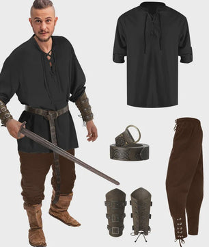 Herencostuum Middeleeuwse Piraat/Viking - Renaissance Set met Shirt, Broek, Riem & Armboeien