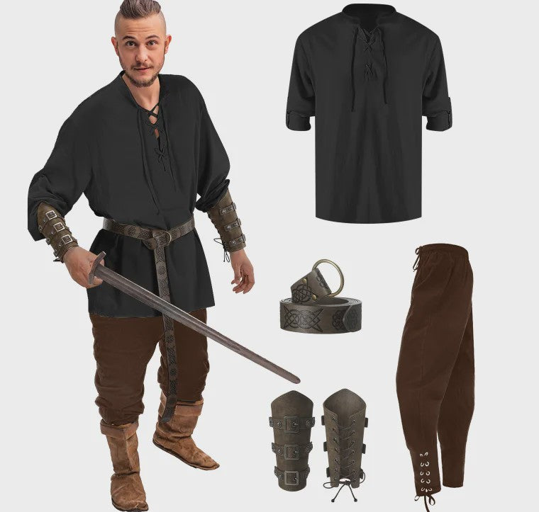 Herencostuum Middeleeuwse Piraat/Viking - Renaissance Set met Shirt, Broek, Riem & Armboeien