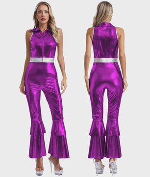 Dames Jumpsuit 70s Disco Metallic Met Wijde Pijpen en Flare Mouwen