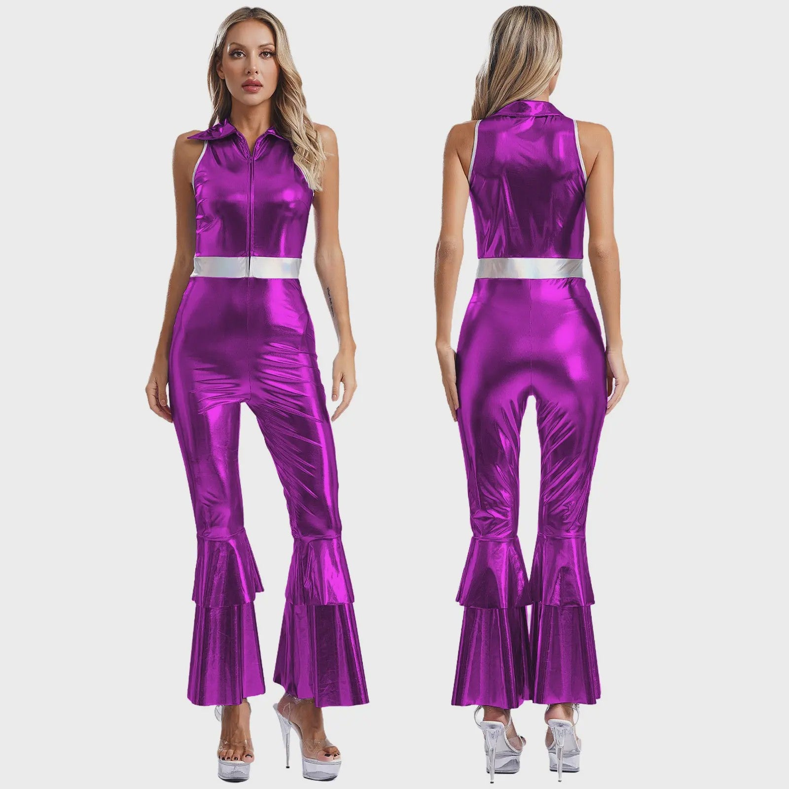 Dames Jumpsuit 70s Disco Metallic Met Wijde Pijpen en Flare Mouwen