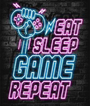 Gaming Neon Canvas Poster: Eat Sleep Game Repeat - Decoratie voor Gamer Kamer