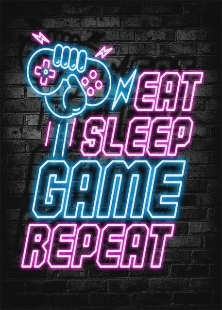 Gaming Neon Canvas Poster: Eat Sleep Game Repeat - Decoratie voor Gamer Kamer