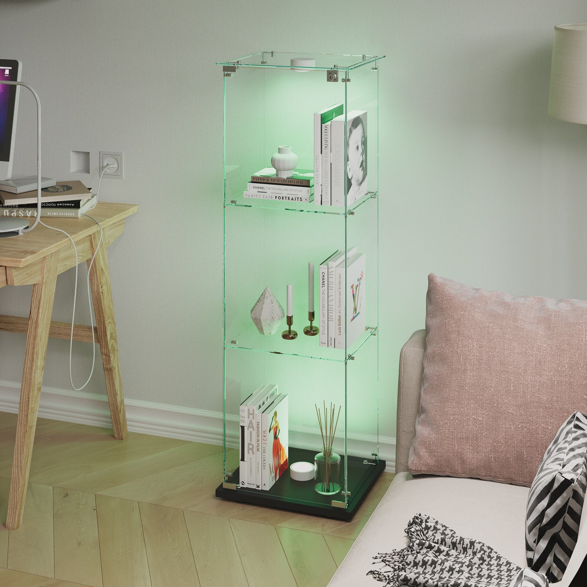 Stijlvolle Glazen Vitrinekast met 5 Etages en LED Verlichting - Zwart