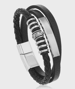 Trendy Heren Leren Armband - RVS & Gevlochten Touw, 21cm