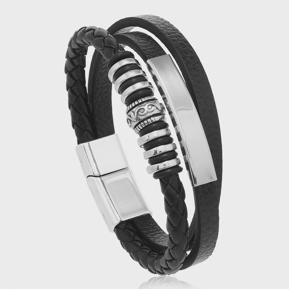 Trendy Heren Leren Armband - RVS & Gevlochten Touw, 21cm