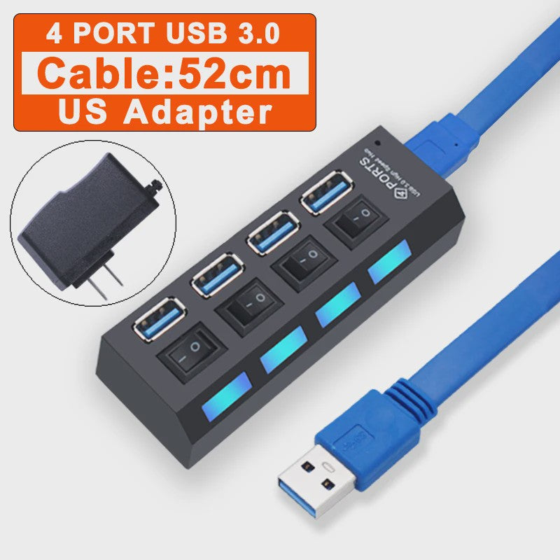 USB Hub 3.0/2.0 met 4 of 7 poorten, individuele schakelaars en LED-indicatoren