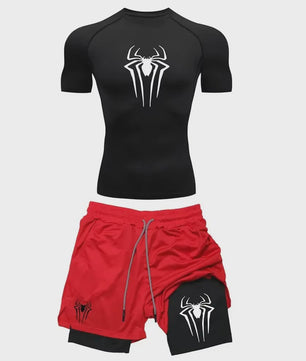 Heren Sport Set: Compressie T-shirt & Short met Spider Print