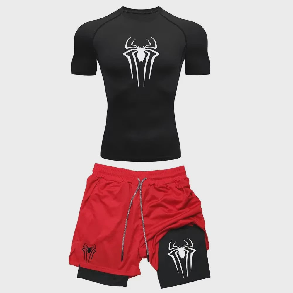 Heren Sport Set: Compressie T-shirt & Short met Spider Print