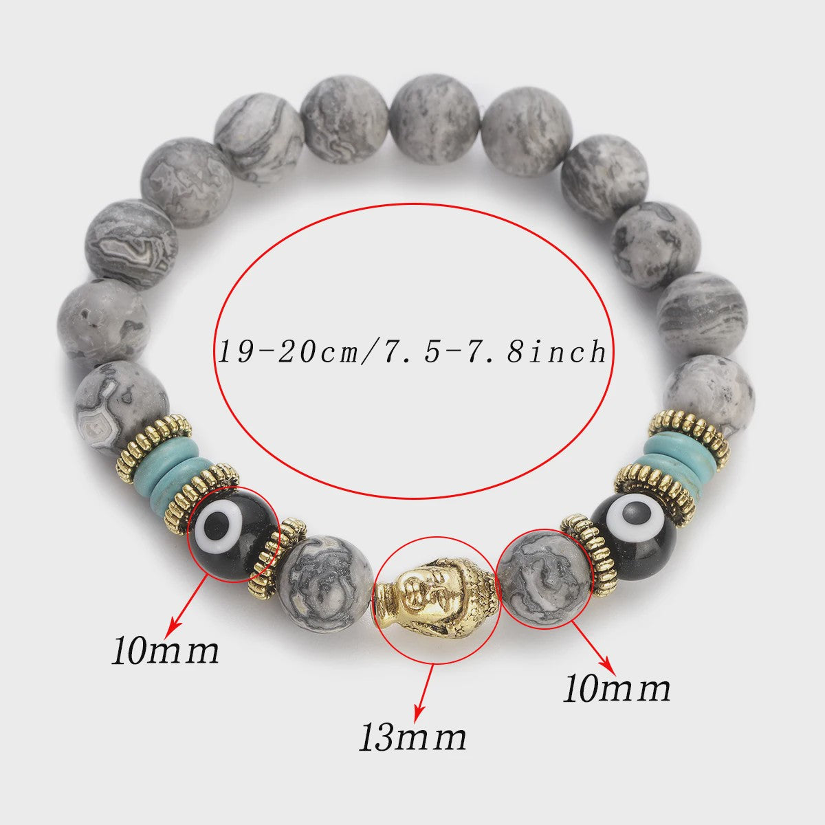 Handgemaakte Buddha & Evil Eye Armband met Turkoois Blauwe Stenen - Elastisch, Yoga Stijl
