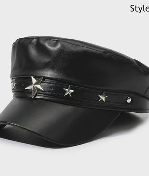 Klassieke Zwarte PU Lederen Baret met Vizier - Retro Stijl Pet voor Dames