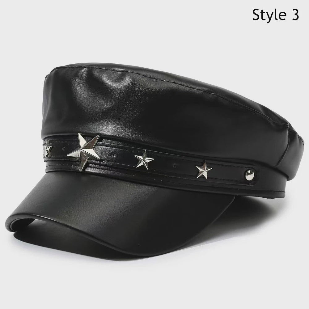 Klassieke Zwarte PU Lederen Baret met Vizier - Retro Stijl Pet voor Dames