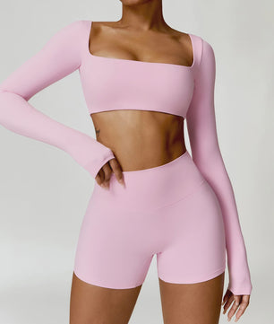 Dames Yoga Set 2-Delig: Sneldrogend Sportpak met Lange Mouwen Top en Hoge Taille Shorts