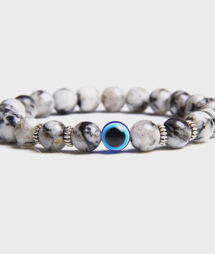 Set van 2 Handgemaakte Natuursteen Armbanden met Hanger Oog van Fatima & Lavasteen/Hematiet