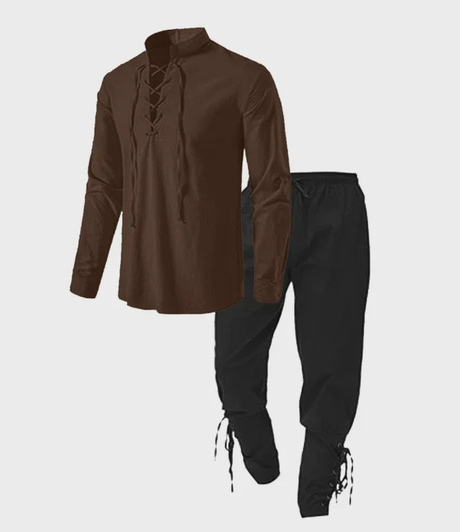 Middeleeuws Piraten Kostuum Set: Shirt met Vetersluiting en Broek