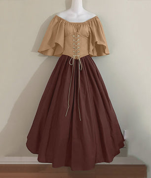 Middeleeuwse Retro Jurk met Contrastkleuren en Off-Shoulder Halslijn