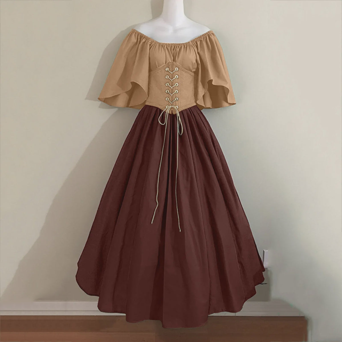 Middeleeuwse Retro Jurk met Contrastkleuren en Off-Shoulder Halslijn