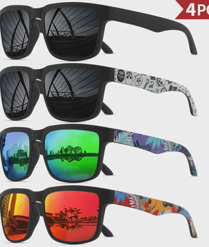 4-delige Set Vierkante Sportzonnebrillen met Designer Tempelpatroon - UV400 Bescherming