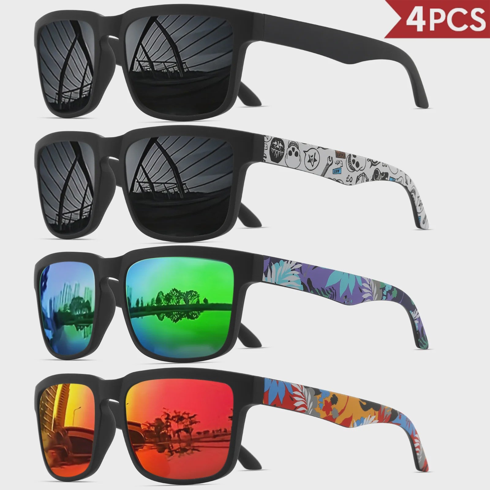 4-delige Set Vierkante Sportzonnebrillen met Designer Tempelpatroon - UV400 Bescherming