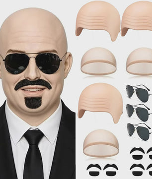 Set van 4 Kale Hoofd Pruikenkapjes & Accessoires voor Cosplay en Feest